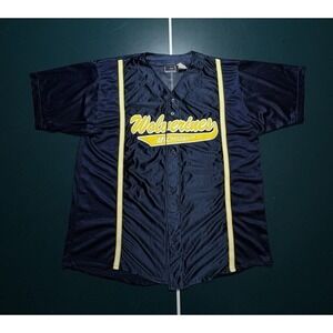 Vintage 90s Michigan Wolverines Baseball Jersey Men's XL Silky Striped Navy Blue